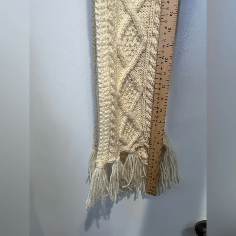 Kennedy of Ardara Handknitted Cream Wool Knit‎ Fisherman Scarf with Fringe OS
